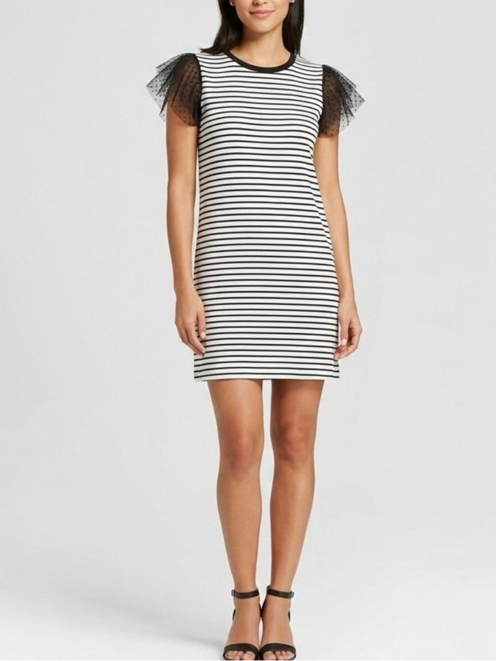 Adrienne Vittadini Black White Striped Game Day Dress Lace Sleeve XS